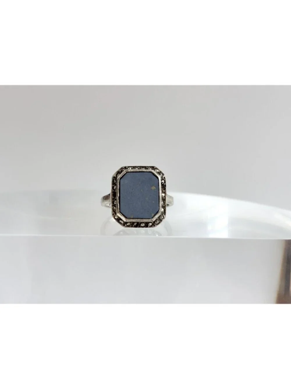 Lapis Lazuli Blue Octagon Marcasite Sterling Silver 925 Vintage Ring - sz 6.5